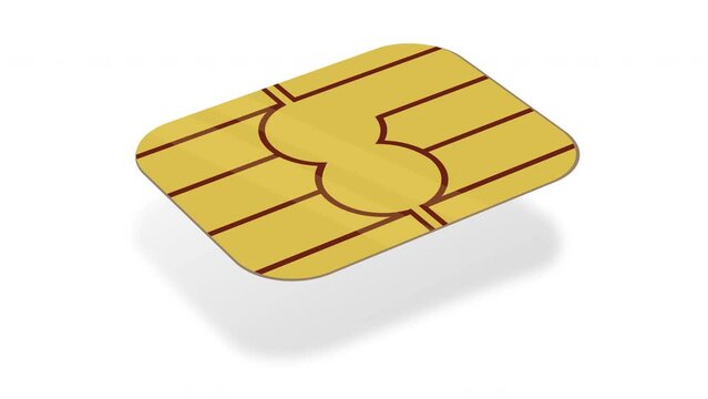 Animation loop of a 3d sim card with metallic reflection on a white background with shadow