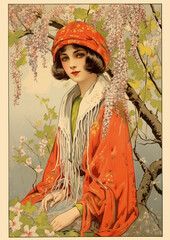 Vintage french postcard, spring in France, retro french postcard 1920's, french fashion women, french nature landscape 