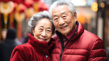 Old couple with Chinese traditional clothing, celebrating Chinese new year