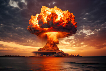 Terrible explosion of a nuclear bomb with a mushroom in the desert. Hydrogen bomb test. Nuclear catastrophe, AI generated