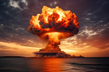 Fotobehang Terrible explosion of a nuclear bomb with a mushroom in the desert. Hydrogen bomb test. Nuclear catastrophe, AI generated © imagineRbc