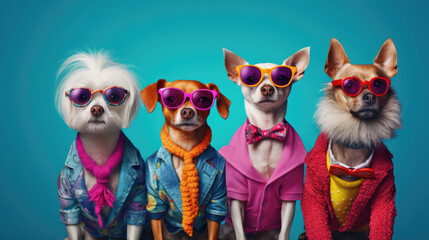 Pet friends in stylish and vibrant clothing,  celebrating lifes beauty
