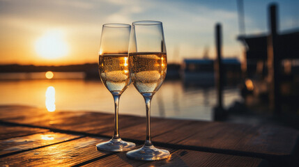 Two glasses of champagne on the wooden pier at sunset. Selective focus.
