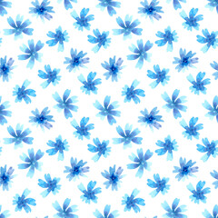 Watercolour blue flowers seamless pattern. Hand drawn illustration. Floral on white background.