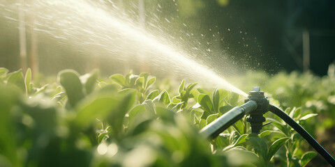 sprinkler spraying water over a fresh lettuce orchard, AI generated - obrazy, fototapety, plakaty