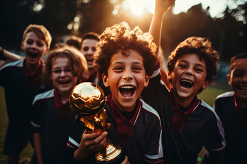 A youth soccer team holds up their trophies in jubilation, celebrating a well-deserved win - obrazy, fototapety, plakaty