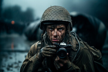 Confident male military photographer taking photo on camera - obrazy, fototapety, plakaty
