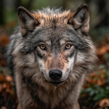 portrait photo of a wolf in a natural environment in the rain,generated with AI.