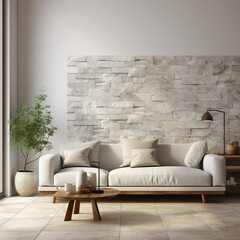 Interior of modern living room with stone walls, tiled floor, beige sofa and coffee table. 3d rendering,Generative AI