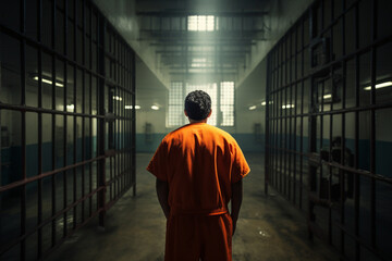 rear view of prisoner in orange uniform standing in prison cell , soft light photography