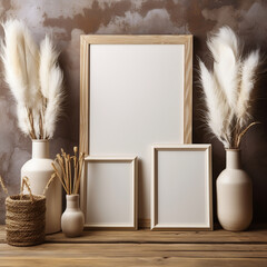Mock up blank photo frame, pampas grass and vase on the wooden table,Generative AI