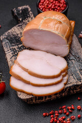 Delicious smoked pork or chicken meat with salt, spices and herbs