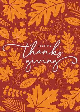 Happy Thanksgiving background with calligraphy lettering, celebration text, type & autumn, fall leaves, clipart, vector illustration for cards, banners, social media posts, invitations, printable
