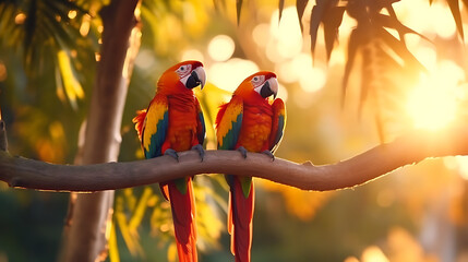 Couple of colorful parrots on a branch, AI generated