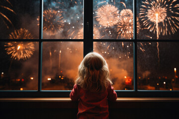 Little girl looks at fireworks in the night sky through the window. - obrazy, fototapety, plakaty