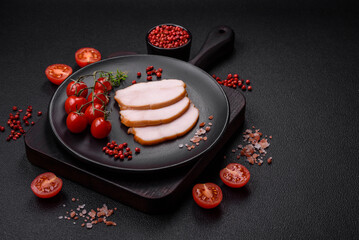 Delicious smoked pork or chicken meat with salt, spices and herbs