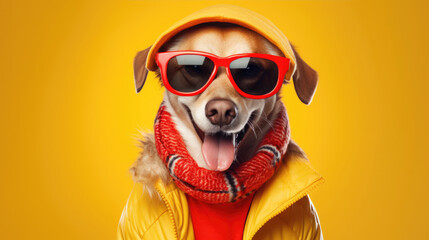 A cheerful dog,  adorned in bright clothing,  exuding a contagious sense of happiness