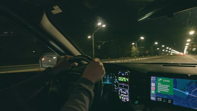 Driver car city night taxi traffic vehicle man navigator transport town evening