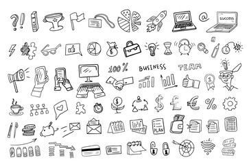 Big set of business elements. Doodle style. Hand drawn vector illustration EPS10. Work, office, success. Great for banner, posters, cards, stickers and professional design. - obrazy, fototapety, plakaty