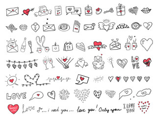 Big cute set of love elements. Vector doodle elements with hearts, love letters, envelopes with hearts for Valentine's Day greeting cards, posters, wrapping and design. Hand drawn