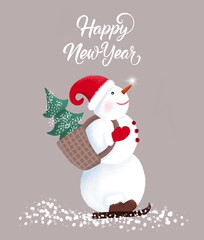  snowman with christmas tree. christmas card