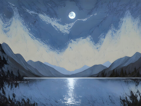 Moonlight Lake with Swans, oil-paint effect