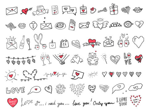Big cute set of love elements. Vector doodle elements with hearts, love letters, envelopes with hearts for Valentine's Day greeting cards, posters, wrapping and design. Hand drawn