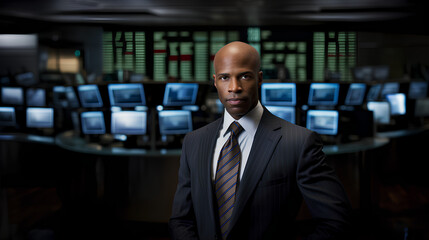 A man dressed up african american costumes working on the stock exchange trading, AI generated