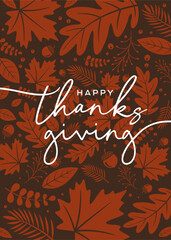 Happy Thanksgiving banner, card with autumn leaves background, vector, fall leaf, clipart & happy Thanksgiving calligraphy, lettering, text, words, typography, type for social media, business, ads, US