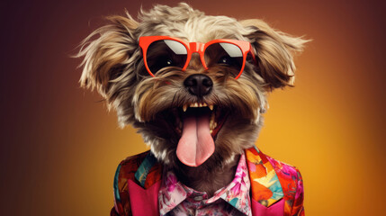 A picture of a happy dog donning a stylish attire,  its eyes gleaming with joy