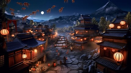 Obraz premium Eastern village mountains paper lantern car wallpaper image AI generated art