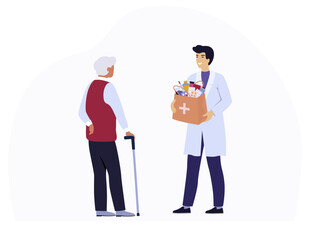 Pharmacy delivery service. Medicines, drungs, pilles delivery. Order online. Door delivery from the drug store. Elderly man and pharmacist. Vector