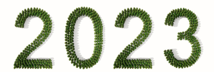 Concept or conceptual 2023 year made of green forest tree isolated on white background. An abstract 3D illustration as a  metaphor for future, celebration, nature,   environment, ecology and climate