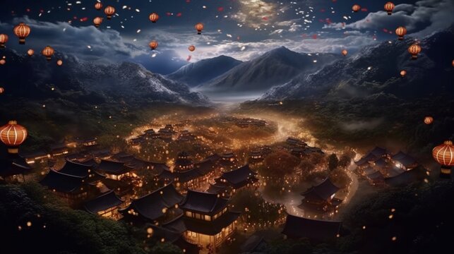 Eastern village mountains paper lantern car wallpaper image AI generated art