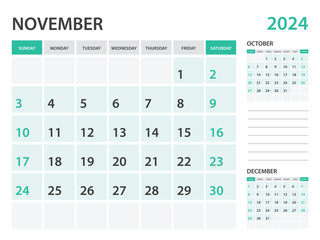 Calendar 2024 template- November 2024 year, monthly planner, Desk Calendar 2024 template, Wall calendar design, Week Start On Sunday, Stationery, printing, office organizer vector