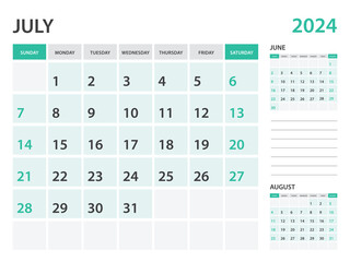 Calendar 2024 template- July 2024 year, monthly planner, Desk Calendar 2024 template, Wall calendar design, Week Start On Sunday, Stationery, printing, office organizer vector