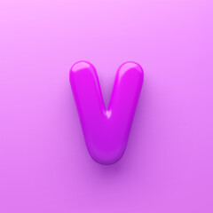 3D Purple letter V with a glossy surface on a purple background .