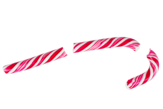 Broken candy cane isolated on white background.Top view