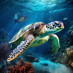 Obraz na płótnie Canvas Sea Turtle Swimming in the Ocean: A New Quality, Universal, Colorful Technology Stock Image Illustration Design, Showcasing the Graceful Beauty of Marine Life.