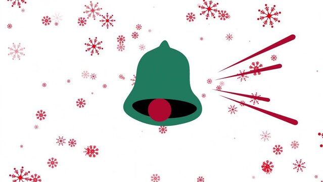 Animation of green bell and red snowflakes on white background