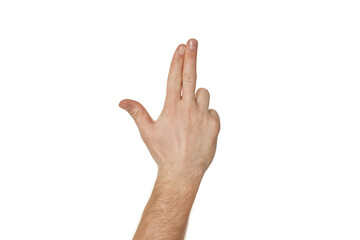 male hand making shooting gun gesture on white background.