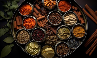 A variety of spices for Indian tea in metal cans, top view, - obrazy, fototapety, plakaty