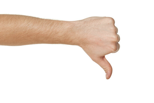 male hand showing thumbs down sign on white background