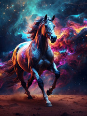 Obraz na płótnie Canvas Graceful Gallop: Enchanting White Horse Amidst a Fractal Galaxy, Infused with Vibrant Hues, Cosmic Wisdom, and Dreamlike Fantasy