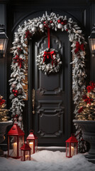 Fototapeta premium Of christmas decorations on the door of the house.
