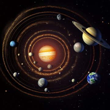 Eight planets move around solar system space photography image AI generated art
