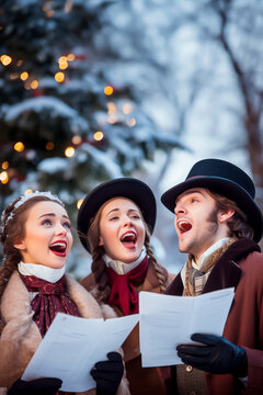 Victorian carolers in period costumes singing outdoors, winter holiday scene.
