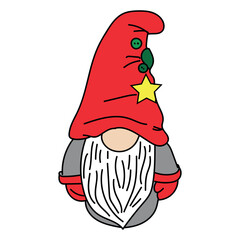 New Year's gnome in a red hat on a white background.