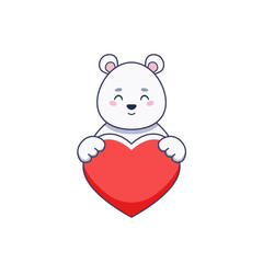 Cute polar bear holding heart love in cartoon style. Vector flat illustration