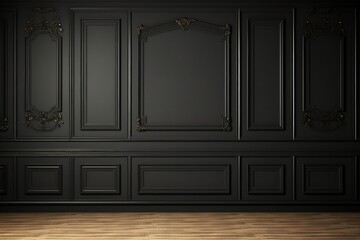Modern classic black empty interior with wall panels and wooden floor. 3d render illustration mock up. generative ai. - obrazy, fototapety, plakaty